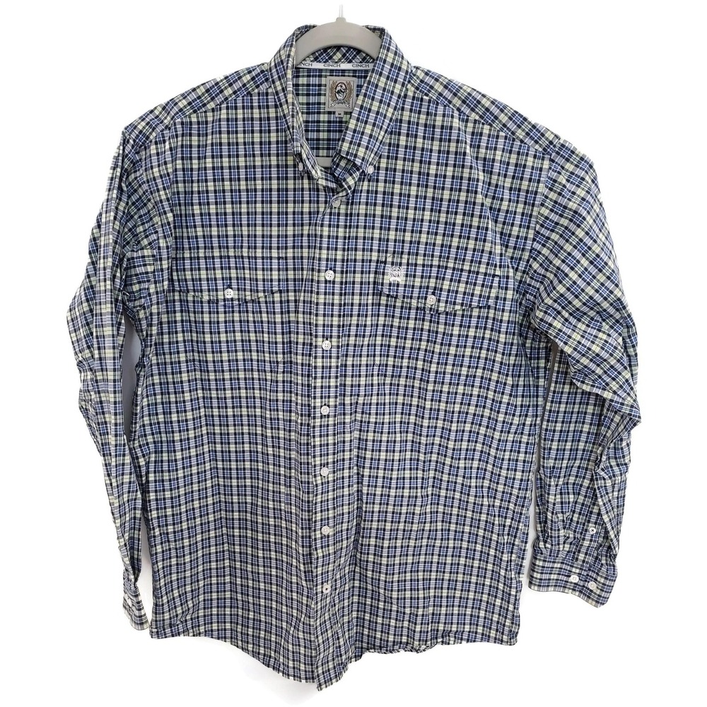 Cinch Shirt Mens Medium‎ Blue Green Plaid Western Button Down Long Sleeve Rodeo